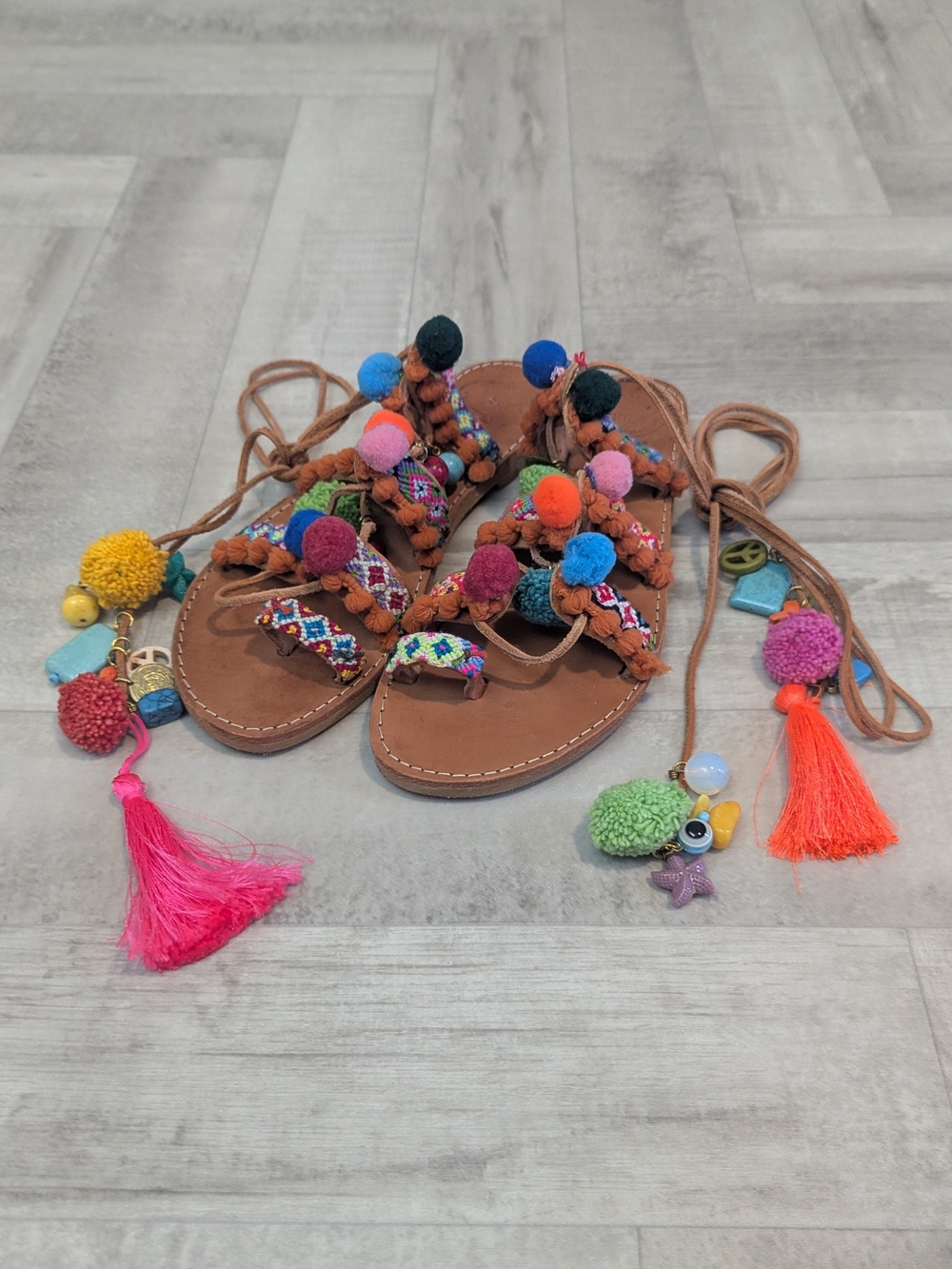 Elina Linardaki Womens 38 Pom Pom Tassel Greek Gladiator Lace Up Sandals Boho